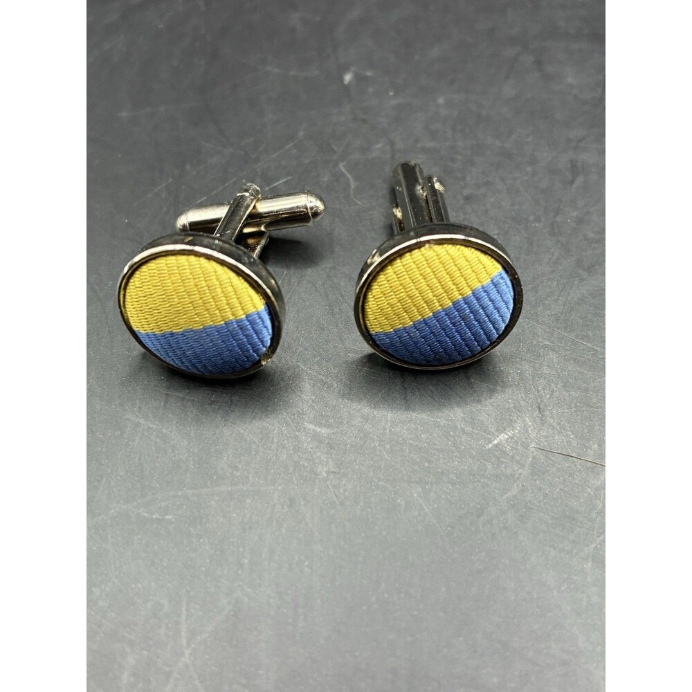 Vintage Silver Tone Cufflinks Blue Gold Woven Fabric Inlay Round Mid Century